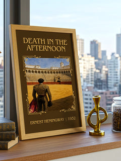 Death In The Afternoon Classic Book Art Print by Ernest Hemingway – framed print on a city-view windowsill