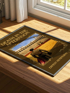 Death In The Afternoon Classic Book Art Print by Ernest Hemingway – print on a sunlit desk