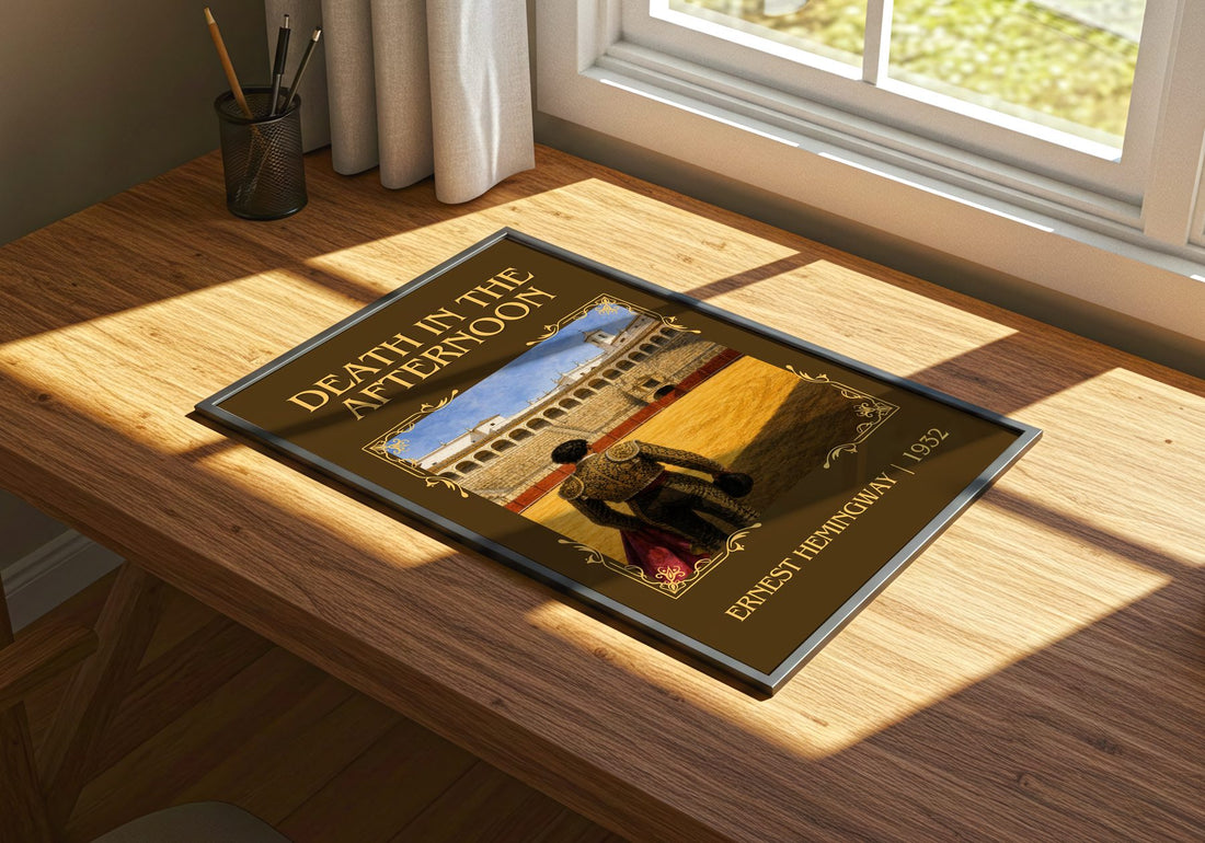Death In The Afternoon Classic Book Art Print by Ernest Hemingway – print on a sunlit desk