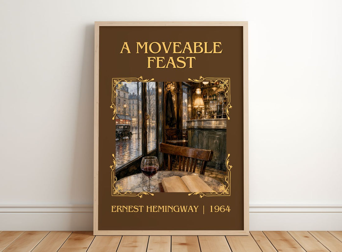 A Moveable Feast Classic Book Art Print by Ernest Hemingway – framed print leaning on a wooden floor