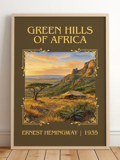 Green Hills Of Africa Classic Book Art Print by Ernest Hemingway – framed print leaning on a wooden floor