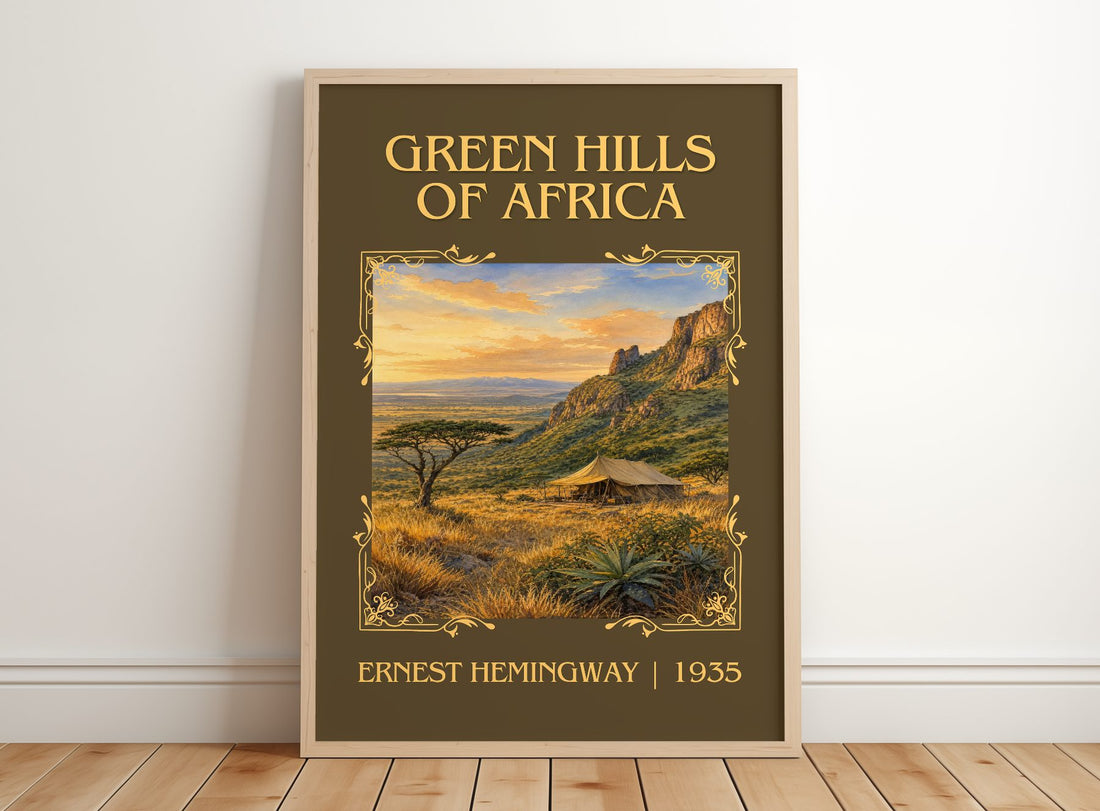 Green Hills Of Africa Classic Book Art Print by Ernest Hemingway – framed print leaning on a wooden floor