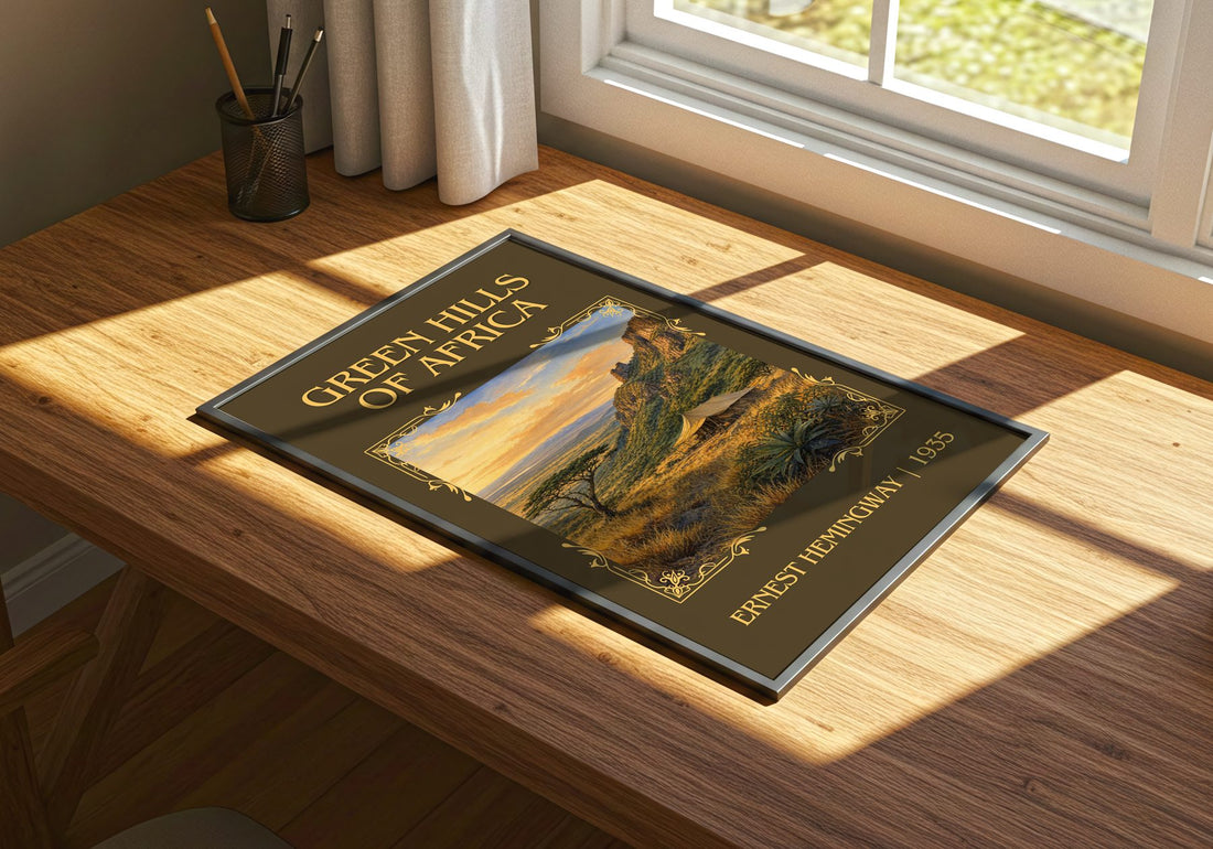 Green Hills Of Africa Classic Book Art Print by Ernest Hemingway – print on a sunlit desk