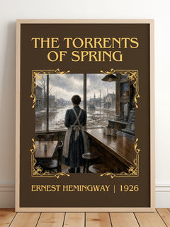 The Torrents Of Spring Classic Book Art Print by Ernest Hemingway – framed print leaning on a wooden floor
