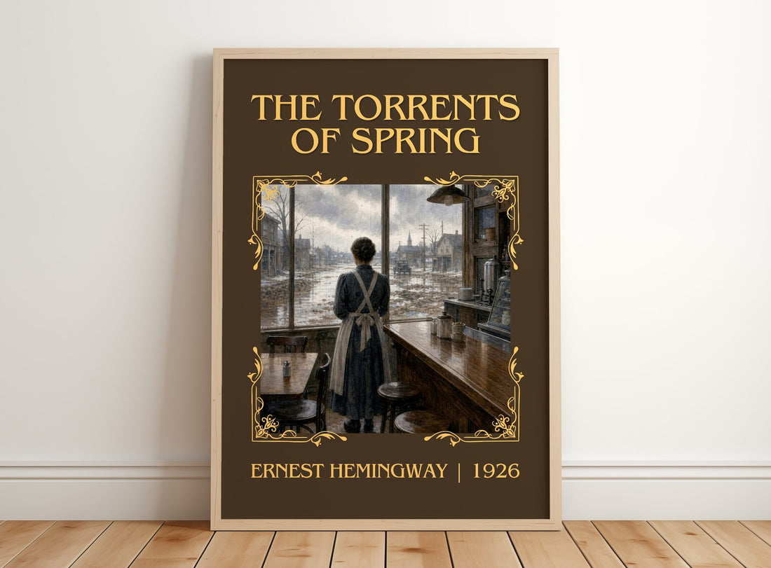 The Torrents Of Spring Classic Book Art Print by Ernest Hemingway – framed print leaning on a wooden floor