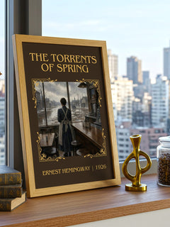 The Torrents Of Spring Classic Book Art Print by Ernest Hemingway – framed print on a city-view windowsill