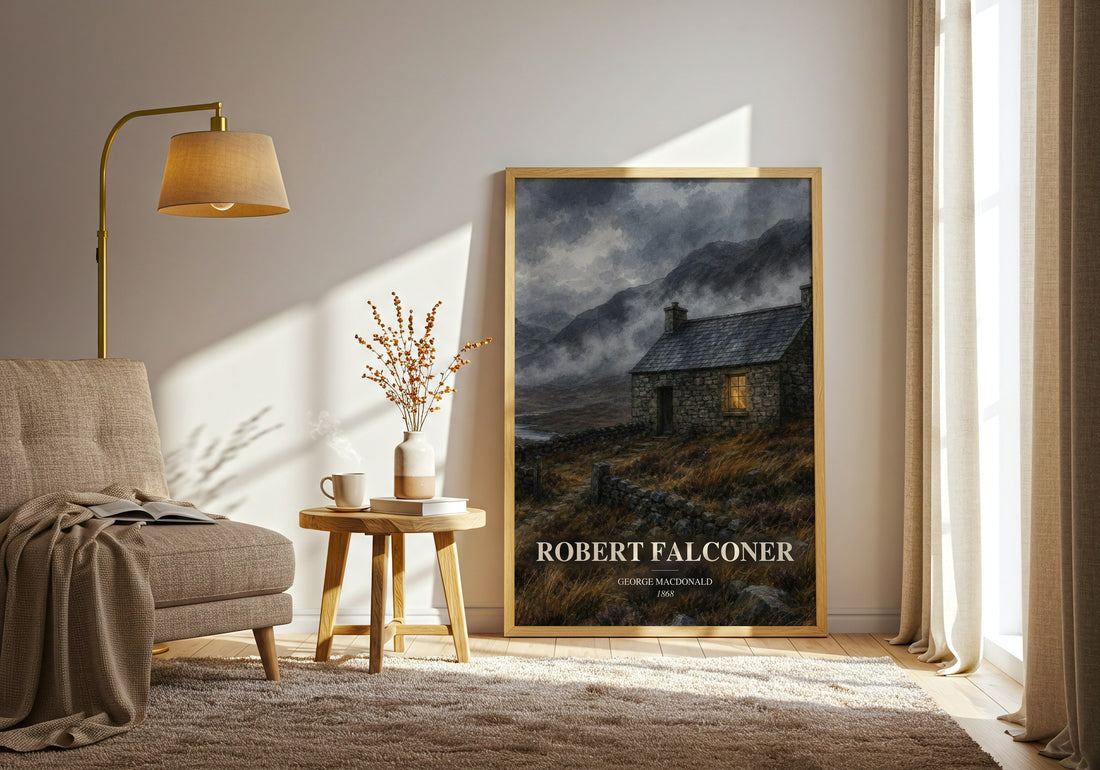 Robert Falconer watercolour print in frame leaning in hallway – literary fiction wall art (mockup)