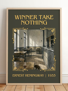 Winner Take Nothing Classic Book Art Print by Ernest Hemingway – framed print leaning on a wooden floor