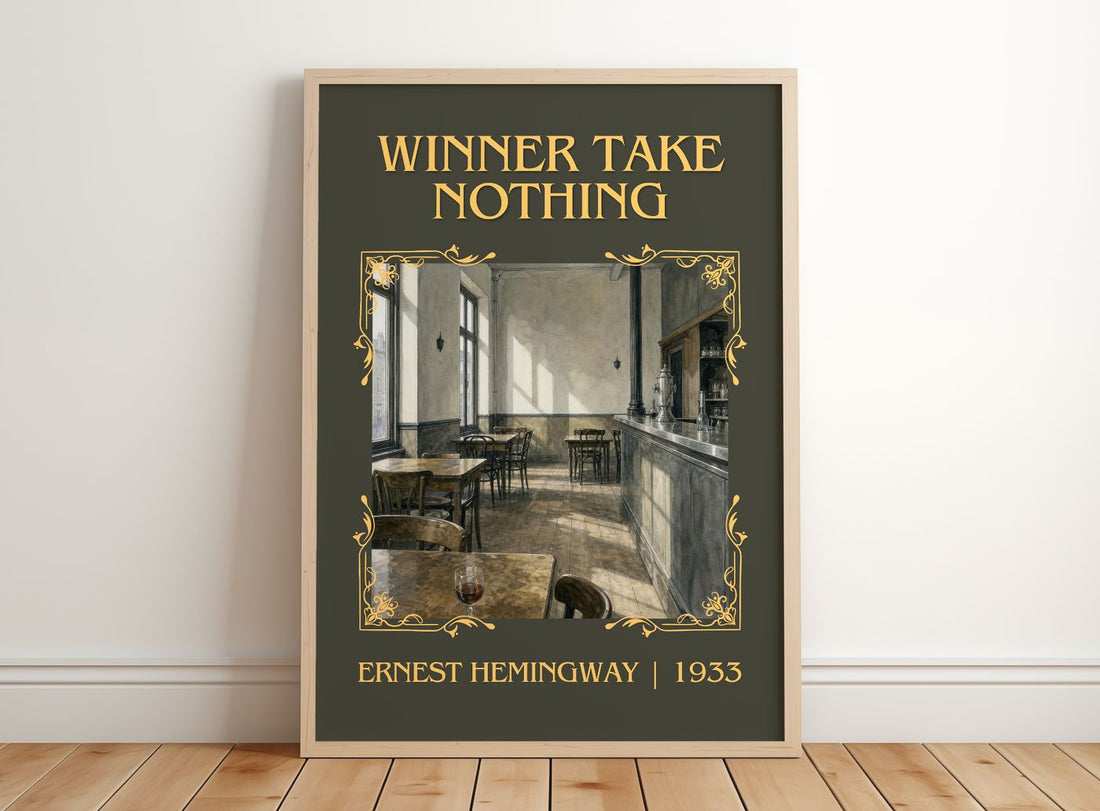 Winner Take Nothing Classic Book Art Print by Ernest Hemingway – framed print leaning on a wooden floor