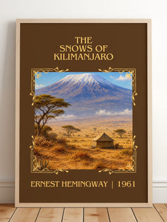 The Snows Of Kilimanjaro Classic Book Art Print by Ernest Hemingway – framed print leaning on a wooden floor