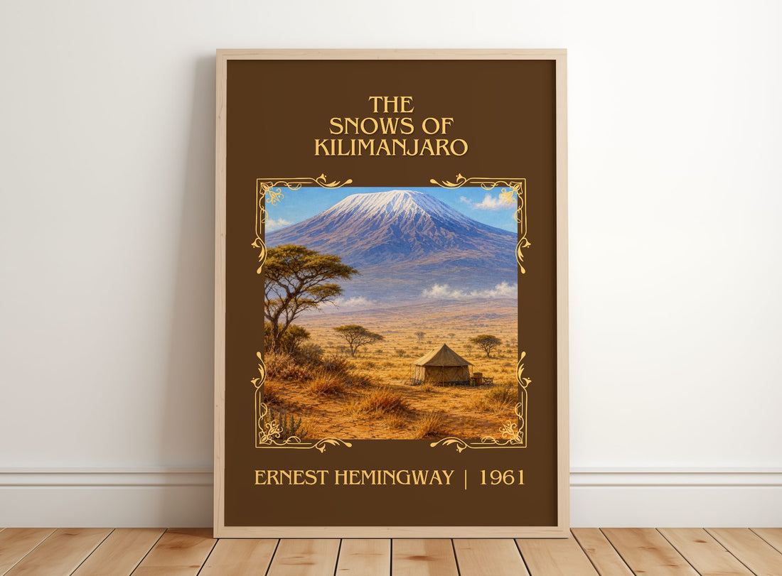The Snows Of Kilimanjaro Classic Book Art Print by Ernest Hemingway – framed print leaning on a wooden floor
