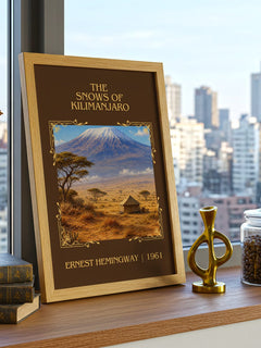 The Snows Of Kilimanjaro Classic Book Art Print by Ernest Hemingway – framed print on a city-view windowsill