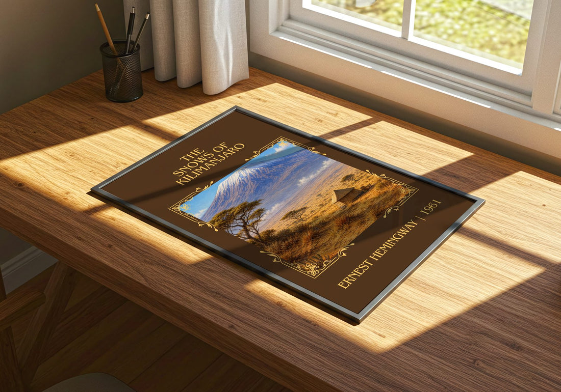 The Snows Of Kilimanjaro Classic Book Art Print by Ernest Hemingway – print on a sunlit desk