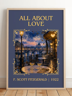 All About Love Classic Book Art Print by F. Scott Fitzgerald – framed print leaning on a wooden floor