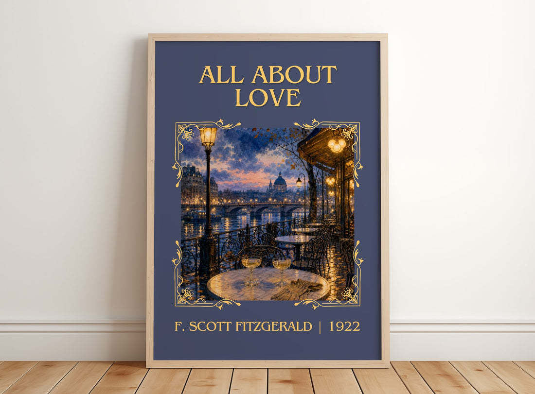 All About Love Classic Book Art Print by F. Scott Fitzgerald – framed print leaning on a wooden floor