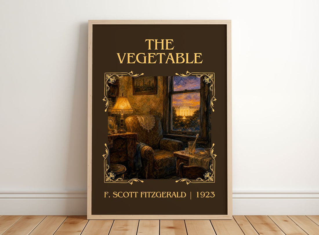 The Vegetable Classic Book Art Print by F. Scott Fitzgerald – framed print leaning on a wooden floor