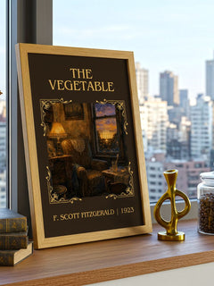 The Vegetable Classic Book Art Print by F. Scott Fitzgerald – framed print on a city-view windowsill
