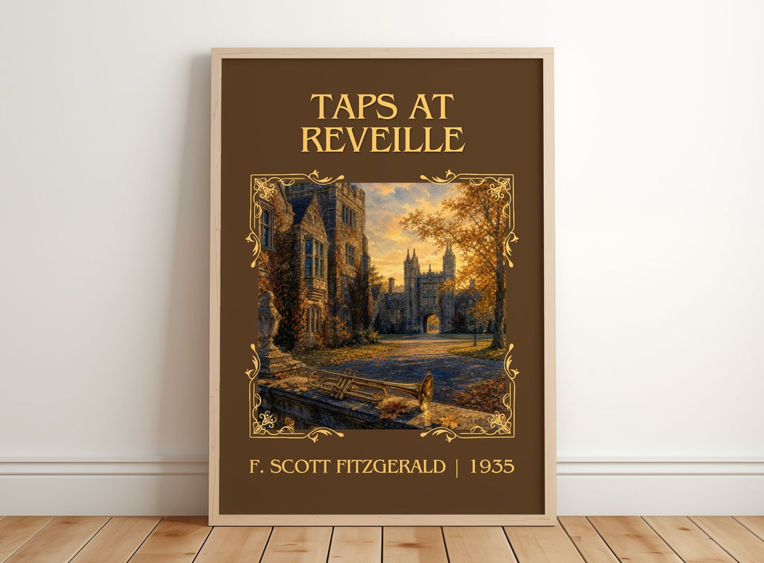 Taps At Reveille Classic Book Art Print by F. Scott Fitzgerald – framed print leaning on a wooden floor