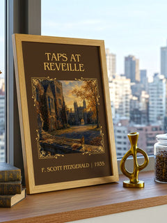 Taps At Reveille Classic Book Art Print by F. Scott Fitzgerald – framed print on a city-view windowsill