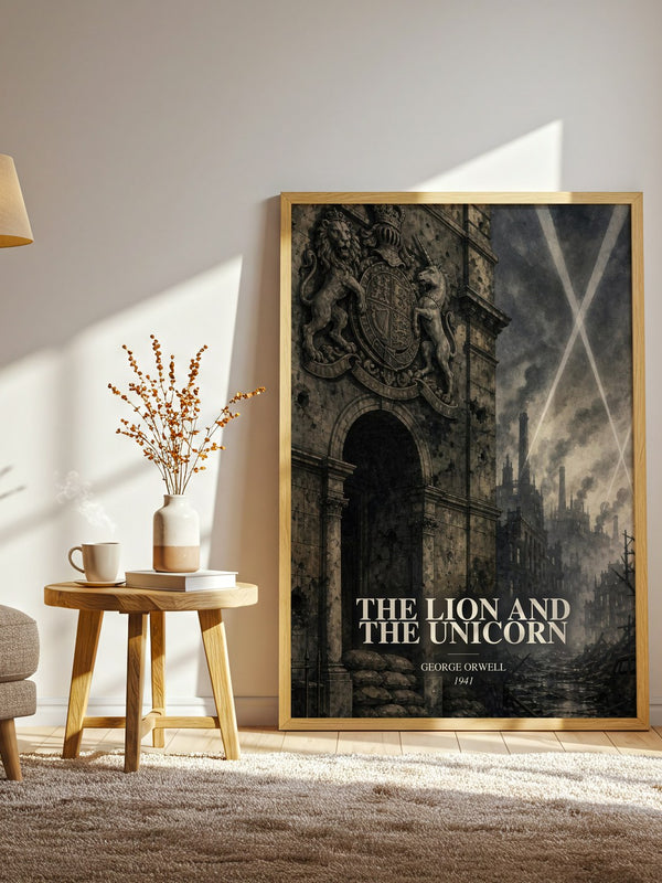 The Lion And The Unicorn watercolour print in frame leaning in hallway – non fiction wall art
