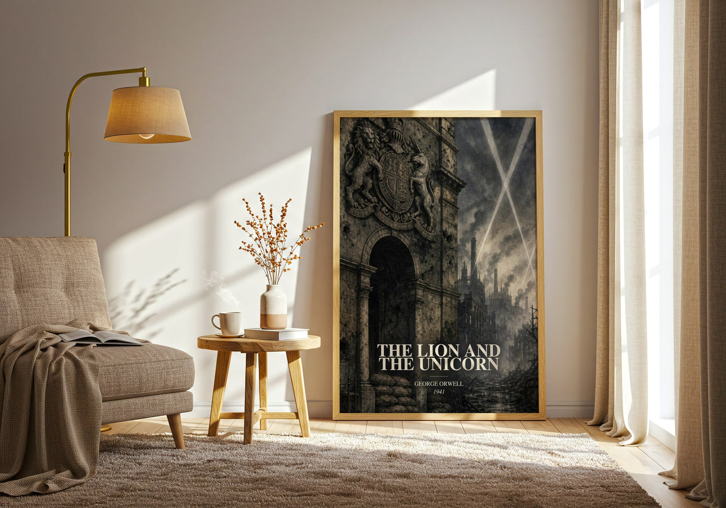 The Lion And The Unicorn watercolour print in frame leaning in hallway – non fiction wall art