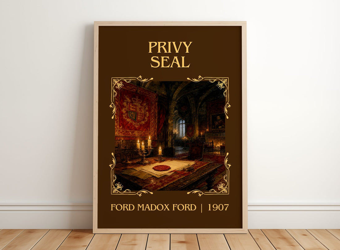 Privy Seal Classic Book Art Print by Ford Madox Ford – framed print leaning on a wooden floor