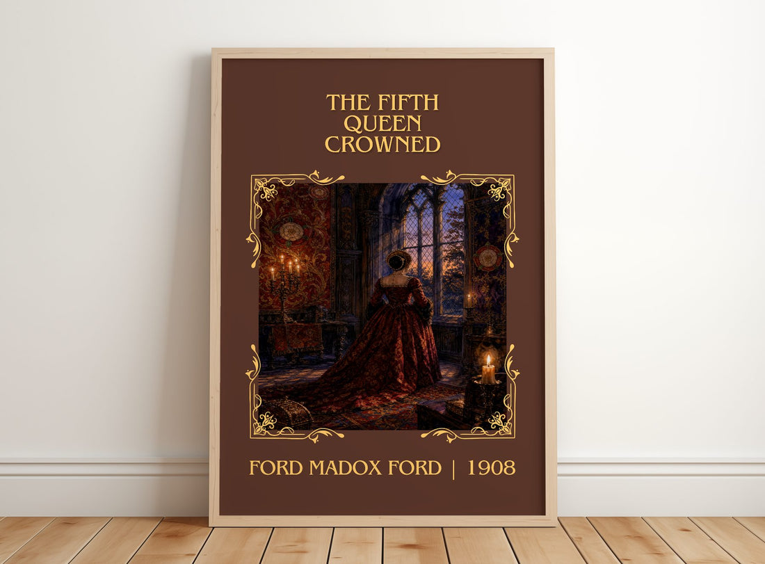 The Fifth Queen Crowned Classic Book Art Print by Ford Madox Ford – framed print leaning on a wooden floor