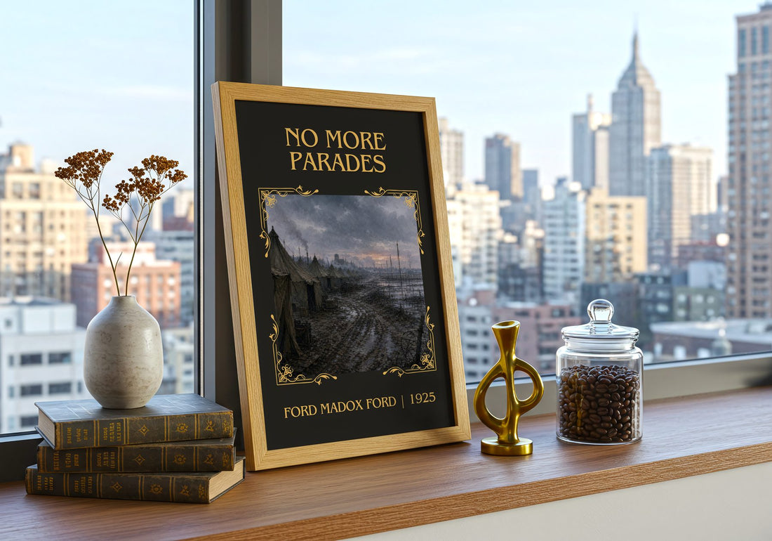 No More Parades Classic Book Art Print by Ford Madox Ford – framed print on a city-view windowsill