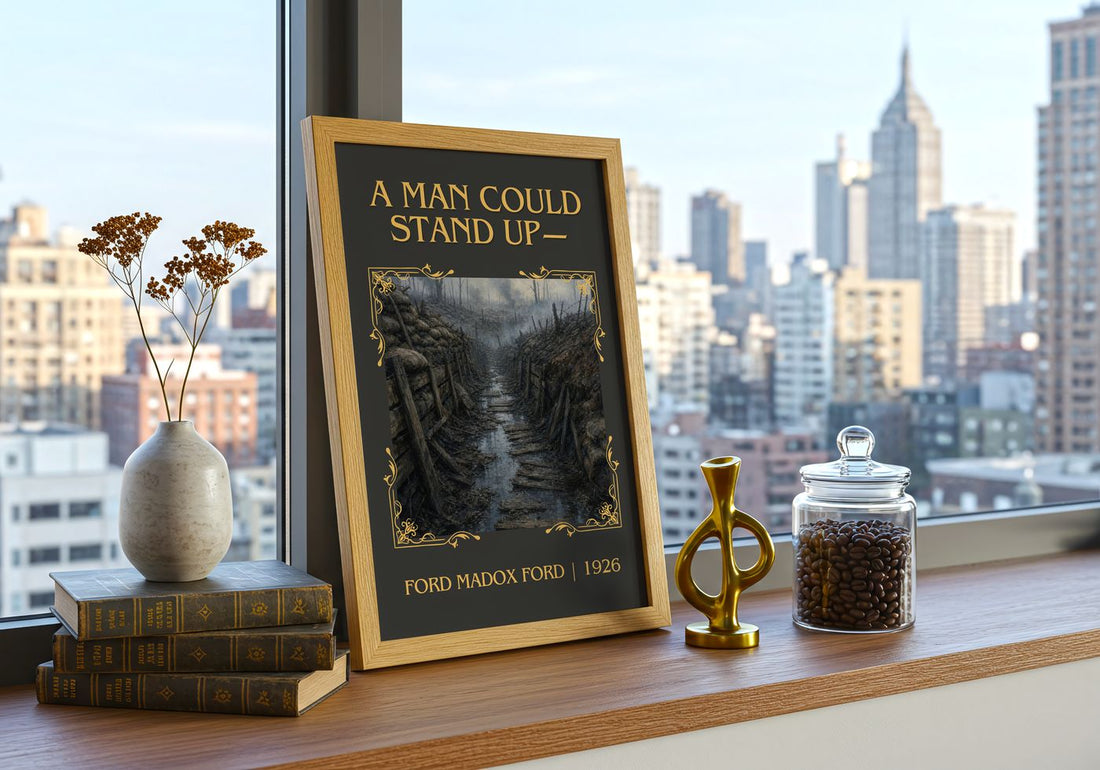 A Man Could Stand Up— Classic Book Art Print by Ford Madox Ford – framed print on a city-view windowsill