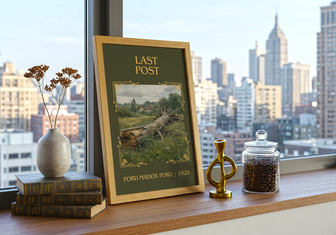 Last Post Classic Book Art Print by Ford Madox Ford – framed print on a city-view windowsill