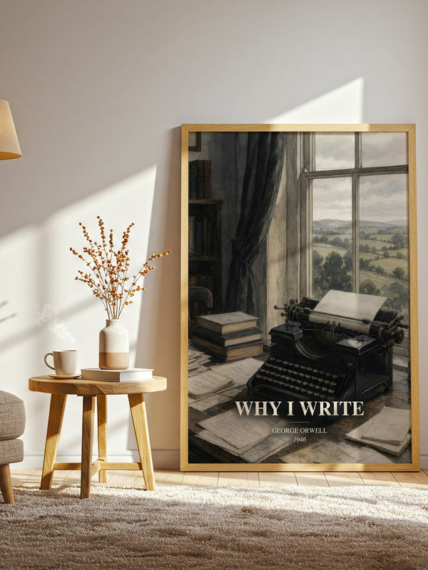 Why I Write watercolour print in frame leaning in hallway – non fiction wall art