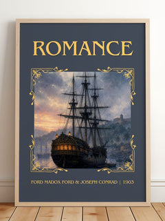 Romance Classic Book Art Print by Ford Madox Ford & Joseph Conrad – framed print leaning on a wooden floor