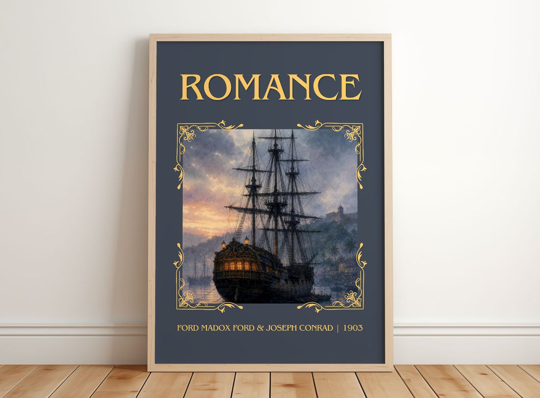 Romance Classic Book Art Print by Ford Madox Ford & Joseph Conrad – framed print leaning on a wooden floor