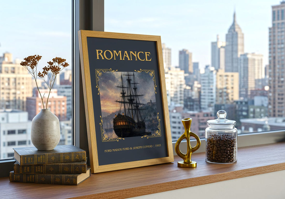 Romance Classic Book Art Print by Ford Madox Ford & Joseph Conrad – framed print on a city-view windowsill