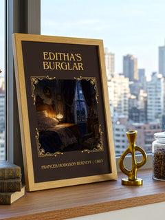 Editha'S Burglar Classic Book Art Print by Frances Hodgson Burnett – framed print on a city-view windowsill