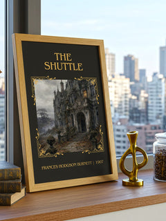 The Shuttle Classic Book Art Print by Frances Hodgson Burnett – framed print on a city-view windowsill