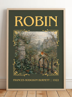 Robin Classic Book Art Print by Frances Hodgson Burnett – framed print leaning on a wooden floor