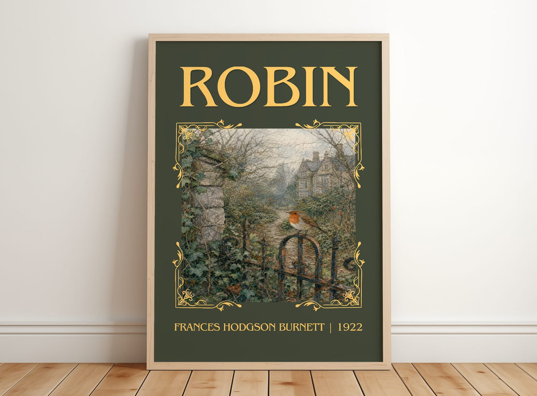 Robin Classic Book Art Print by Frances Hodgson Burnett – framed print leaning on a wooden floor