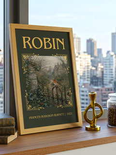 Robin Classic Book Art Print by Frances Hodgson Burnett – framed print on a city-view windowsill