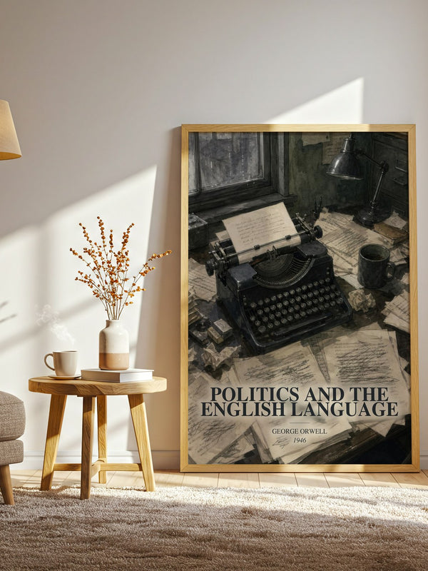 Politics And The English Language watercolour print in frame leaning in hallway – non fiction wall art
