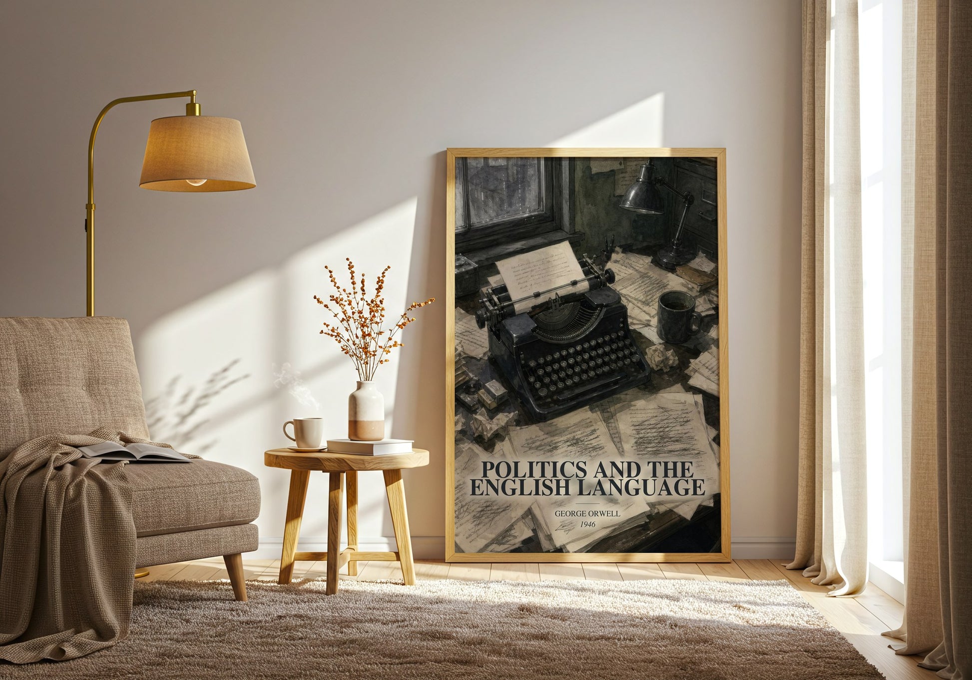 Politics And The English Language watercolour print in frame leaning in hallway – non fiction wall art