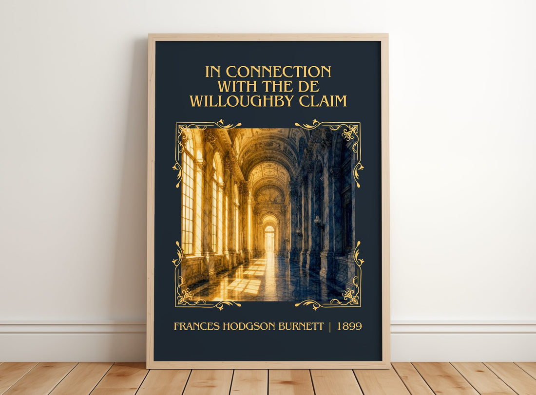 In Connection With The De Willoughby Claim Classic Book Art Print – – framed print leaning on a wooden floor