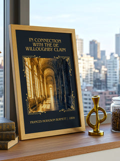 In Connection With The De Willoughby Claim Classic Book Art Print – – framed print on a city-view windowsill