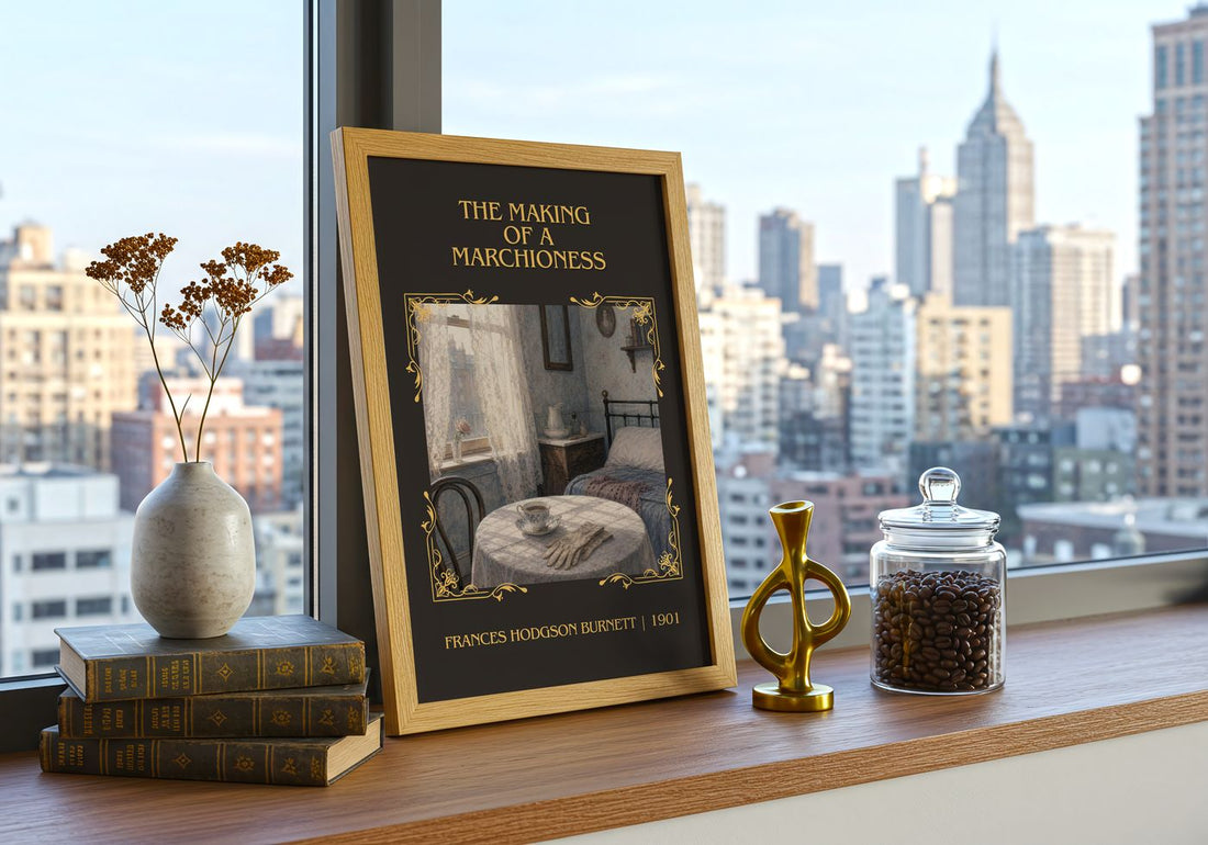 Making Of A Marchioness Classic Book Art Print by F. Burnett – framed print on a city-view windowsill