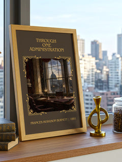 Through One Administration Classic Book Art Print by F. Burnett – framed print on a city-view windowsill
