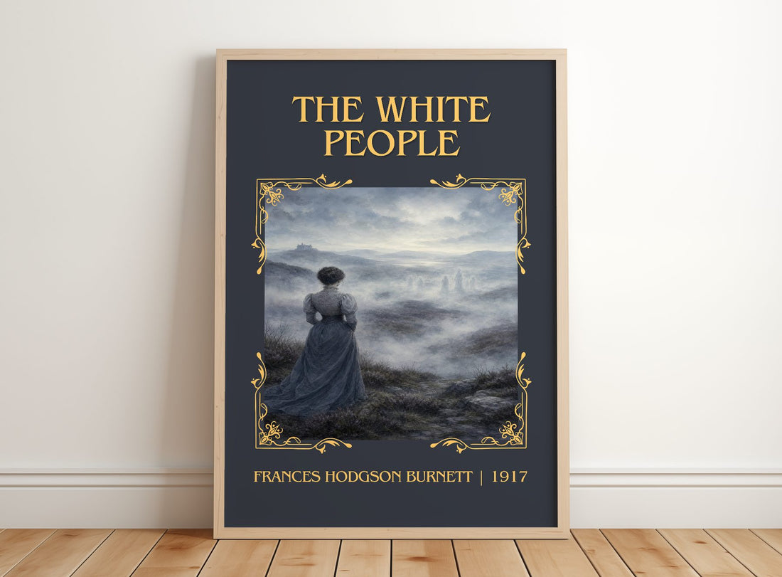 The White People Classic Book Art Print by Frances Hodgson Burnett – framed print leaning on a wooden floor