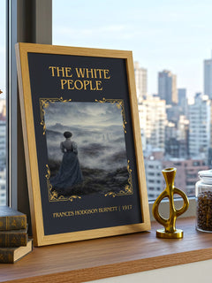 The White People Classic Book Art Print by Frances Hodgson Burnett – framed print on a city-view windowsill