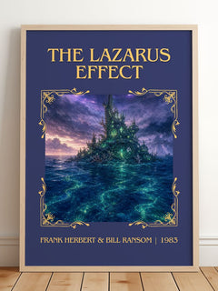 Lazarus Effect Classic Book Art Print by Frank Herbert & Bill Ransom – framed print leaning on a wooden floor