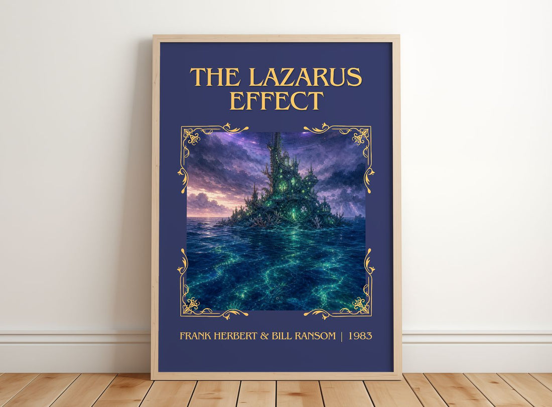 Lazarus Effect Classic Book Art Print by Frank Herbert & Bill Ransom – framed print leaning on a wooden floor