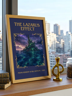 Lazarus Effect Classic Book Art Print by Frank Herbert & Bill Ransom – framed print on a city-view windowsill